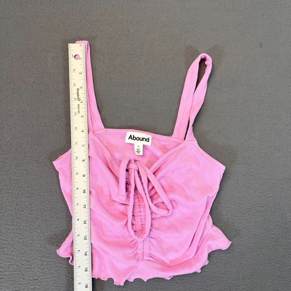 Abound Solid Pink Womens XS Tie Detail Crop Tank Top Cinched Ruffle Hem Ribbed - Picture 7 of 8